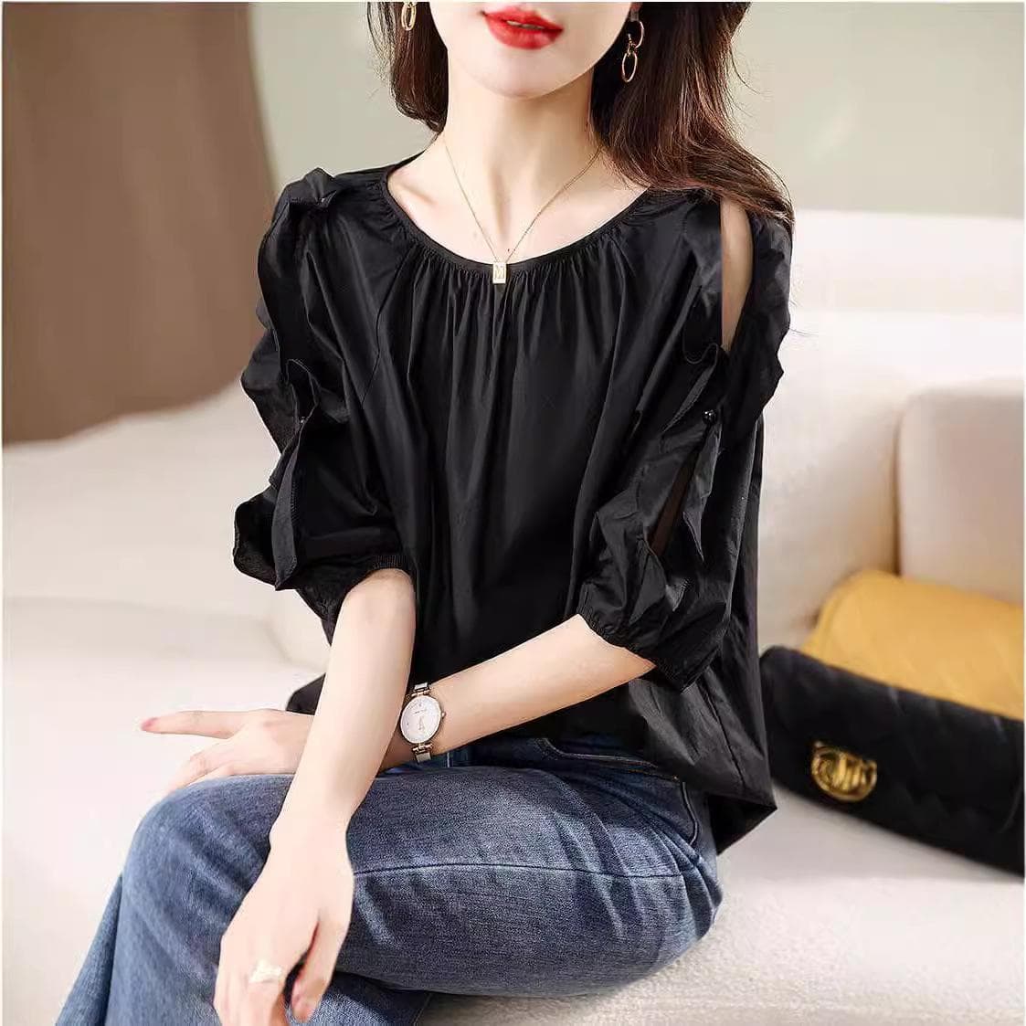 Short-sleeved Top Solid Color Versatile Temperament Seven-quarter-sleeved Loose Shirt 3XL black