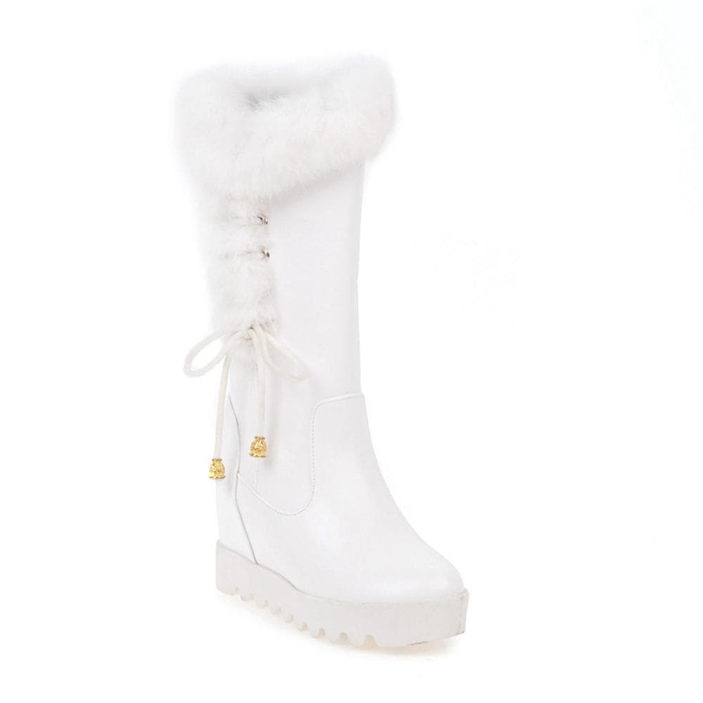 Winter Womens Snow Boots Warm Fur Mid Calf High Boots Lace-up Female Shoes Female Cute Padded Boots 34-43 38 white