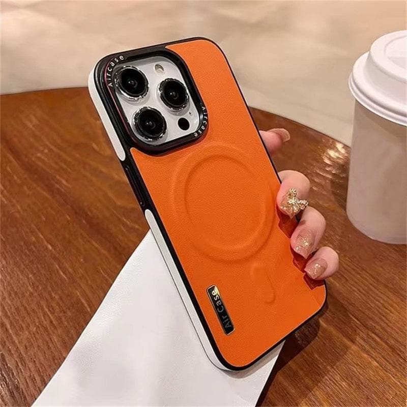 Business Double Color Leather Magsafe Case for iPhone 12 13 16 15 Pro Max Magnetic Matte Soft Shockproof Cover for iPhone 15Pro iPhone 15 orange