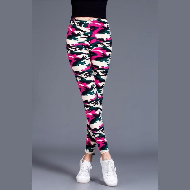 Fashion Women Camouflage Printing Yoga Leggings Girl Slim Cropped Trousers High Elasticity Skinny Casual Legging Pants One Size (50-70 kg) rose red