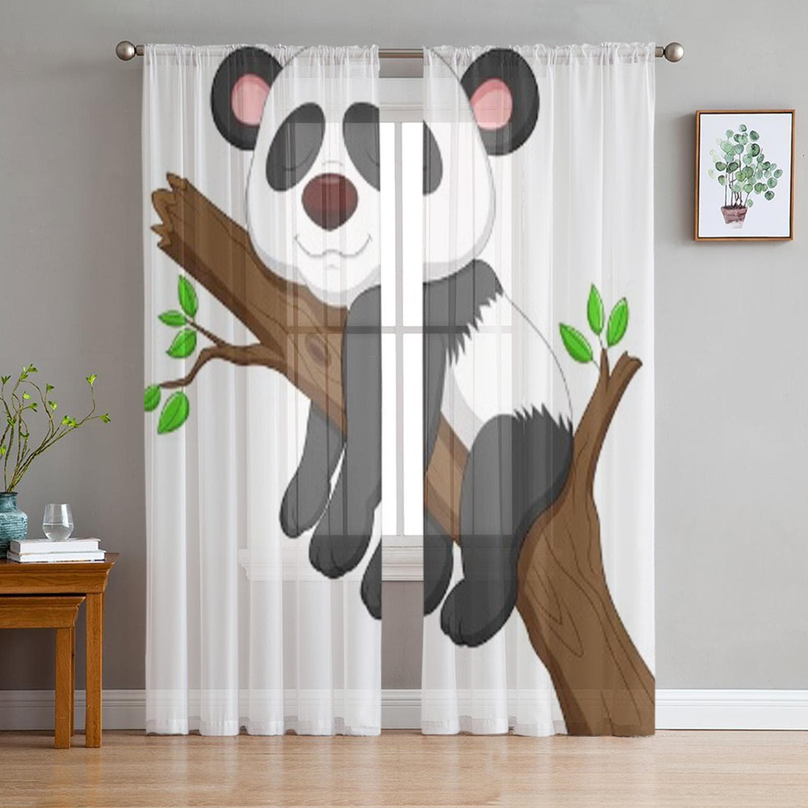 Sleeping Panda Cartoon Luxurious Chiffon Sheer Curtains for Living Room Bedroom Decoration Window Voiles Tulle Curtain 135W x 114H(cm)