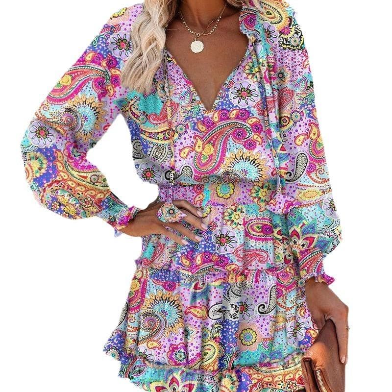 IHUASU Summer Color Contrast Long-sleeved V-neck Fashion Print Waist Dress XL light purple