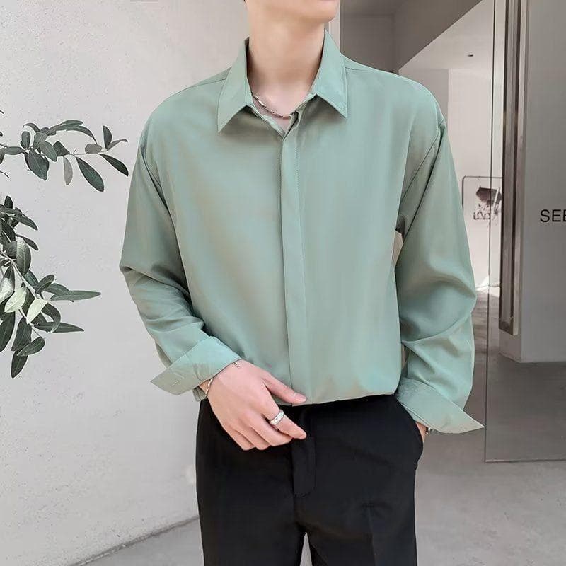 Korean Long Sleeve Shirt Men Fashion Loose Business Casual White Shirt Men's Button Design Top Large Comfortable Shirt 2XL light green