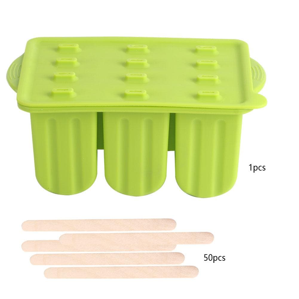 12-Grids Food Grade Silicone Ice Cream Mold Maker Making Tool with Cover and Ice Cream SticksGreen green