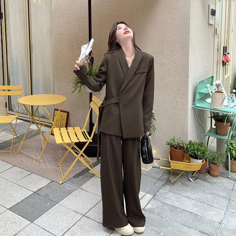 Anchor Red Casual Suit Women's Autumn Korean Style Wide Leg Pants Two-piece Set L