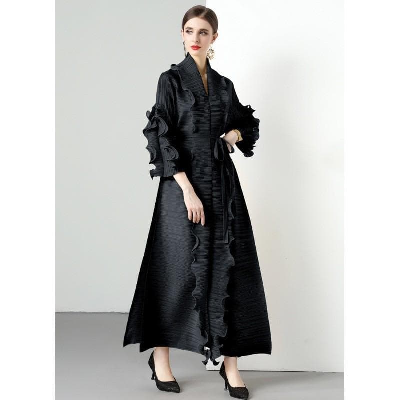 Miyake 2025 Spring Women's Ruffled Long-Sleeve High-Elastic Dress - Large Size, Early Autumn One Size black