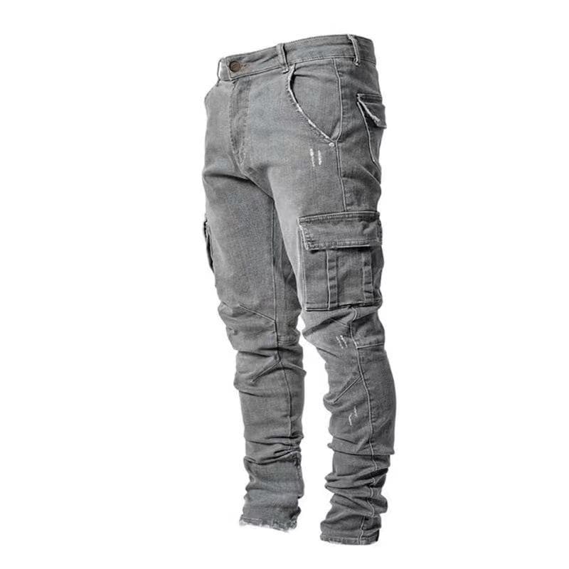 Street Elastic Jeans Men Denim Cargo Pants Wash Pockets Casual Mid Waist Trousers Slim Fit Wear Joggers L grey