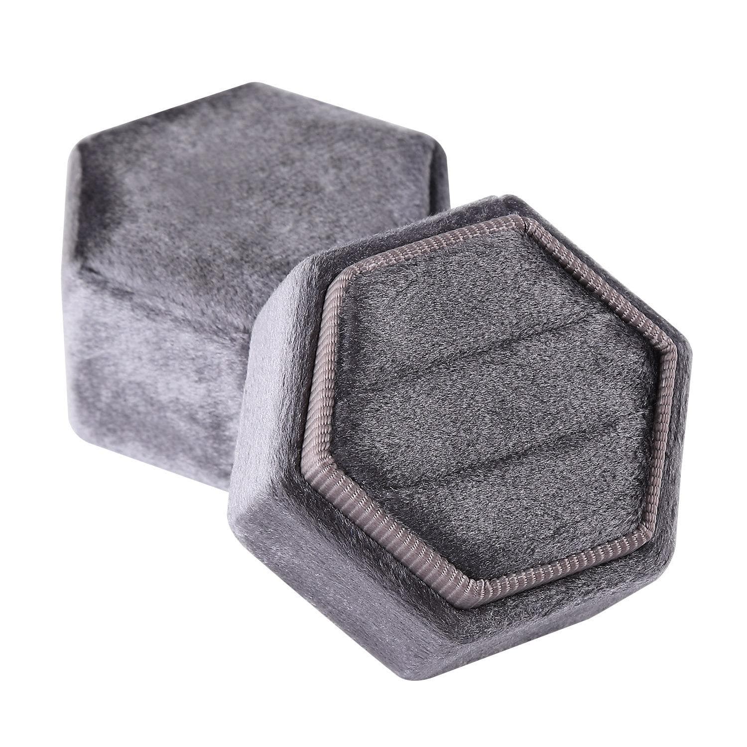 Vintage Hexagon Jewelry Double Ring Box Empty Case Holder for Engagement Wedding Ceremony Valentines Day Gift grey