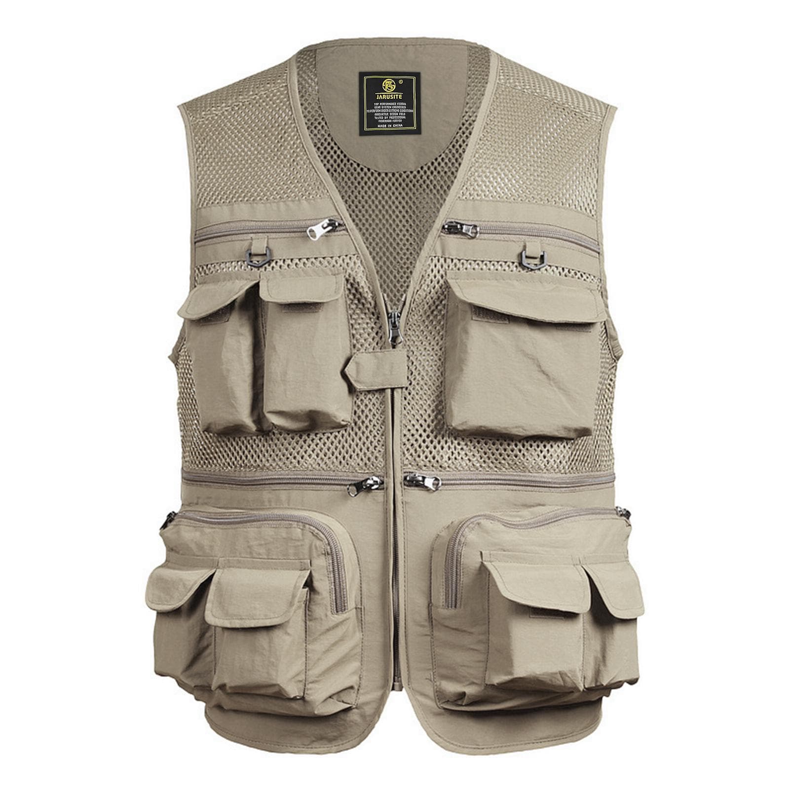 Fishing Vest Breathable Fishing Travel Mesh Vest with Zipper Pockets Summer Work Vest for Outdoor 4XL khaki