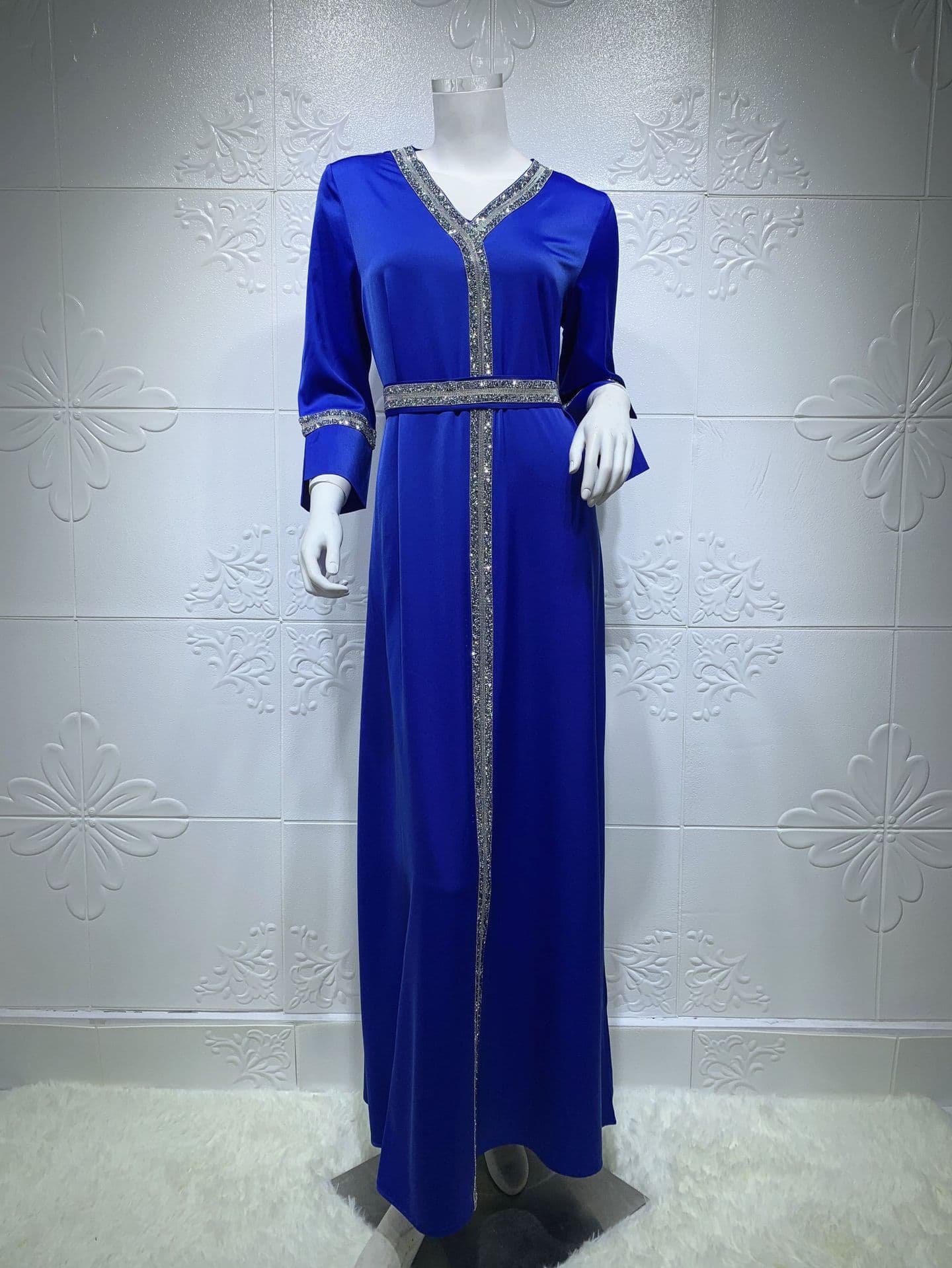 Muslim Women'S Dress With Diamond Belt Abaya Turkey Long Muslim Women'S Dress S sapphire