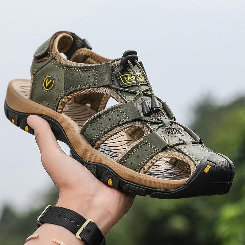 Men's Sandal Genuine Leather Men Shoes for Summer Large Size Outdoor Walking Shoes Male Sandals Man Slippers Plus Size 39 army green