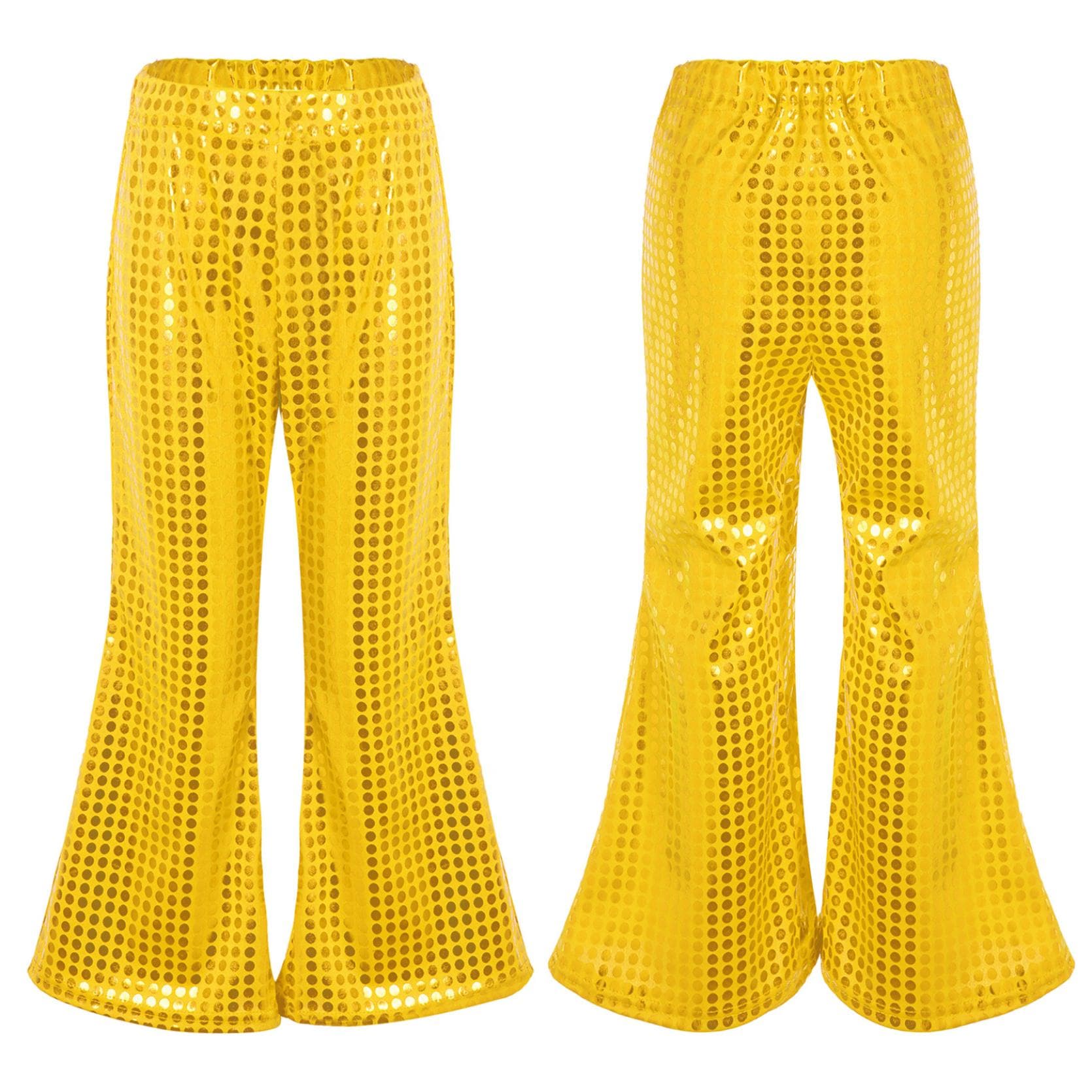 Kids Flared Pants Boys Girls Shiny Sequins Elastic Waist Bell BottomTrousers for Jazz Disco Modern Dance Stage Performance Pants 9-10 Years gold