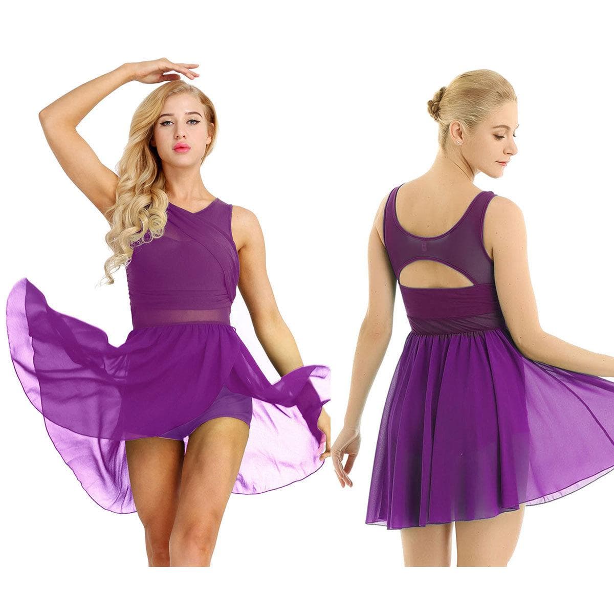 Women Ballet Tutu Gymnastics Leotard Dress Sleeveless Asymmetrical Lyrical Dance Costumes Stretchy Dance Dress M purple