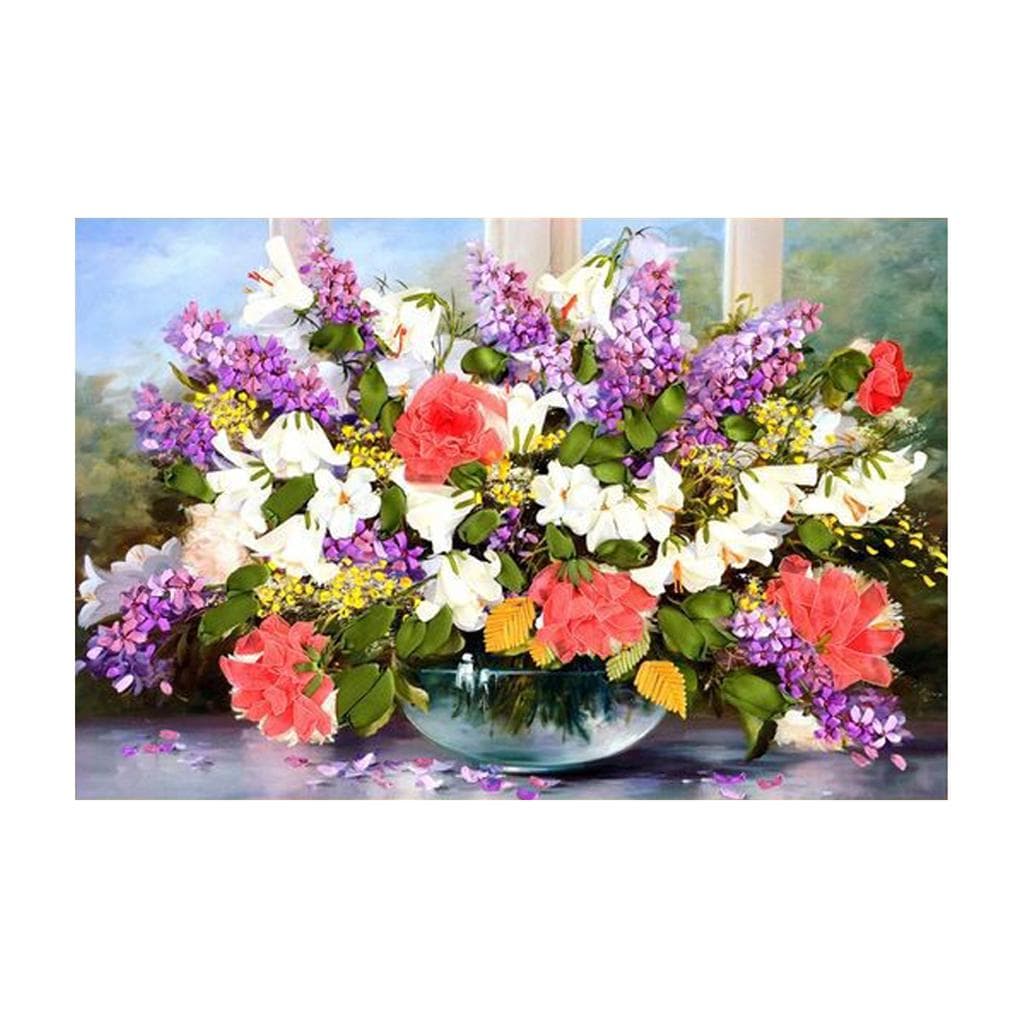 Ribbon Embroidery Set Floral Cross Stitch Kit DIY Painting 50x70cm multicolour