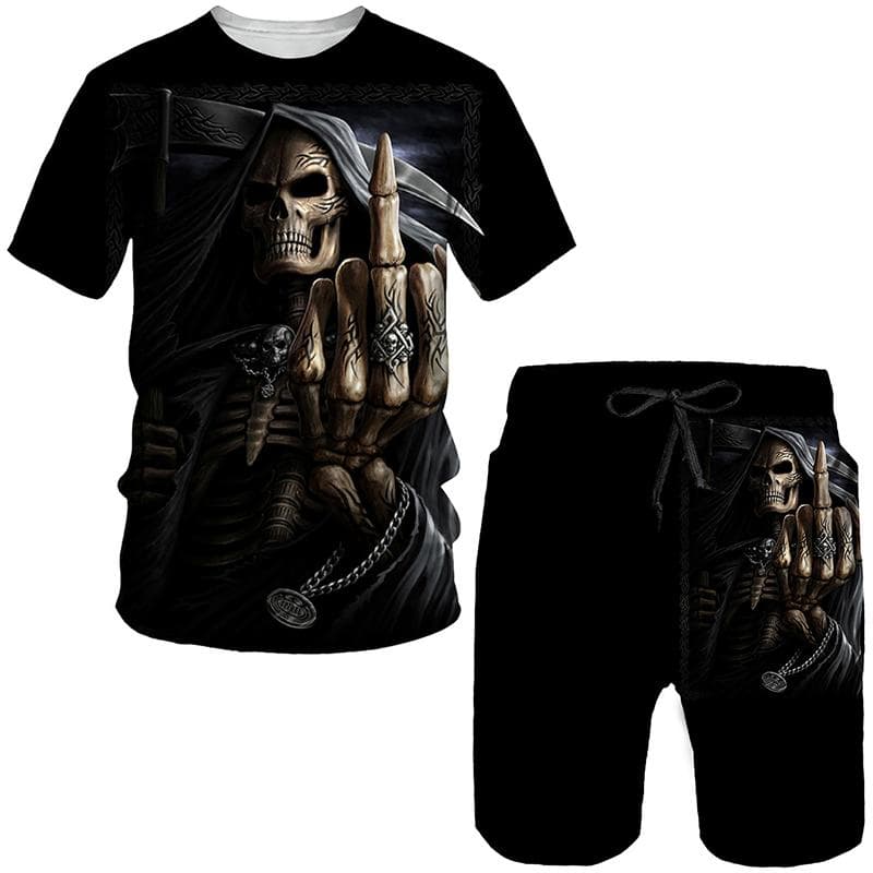 Novelty Gothic Skull 3D Print Tee/Suit Summer Men's Cool Punk Style T-Shirts+Shorts Set Personality Hip Hop Streetwear Tracksuit S