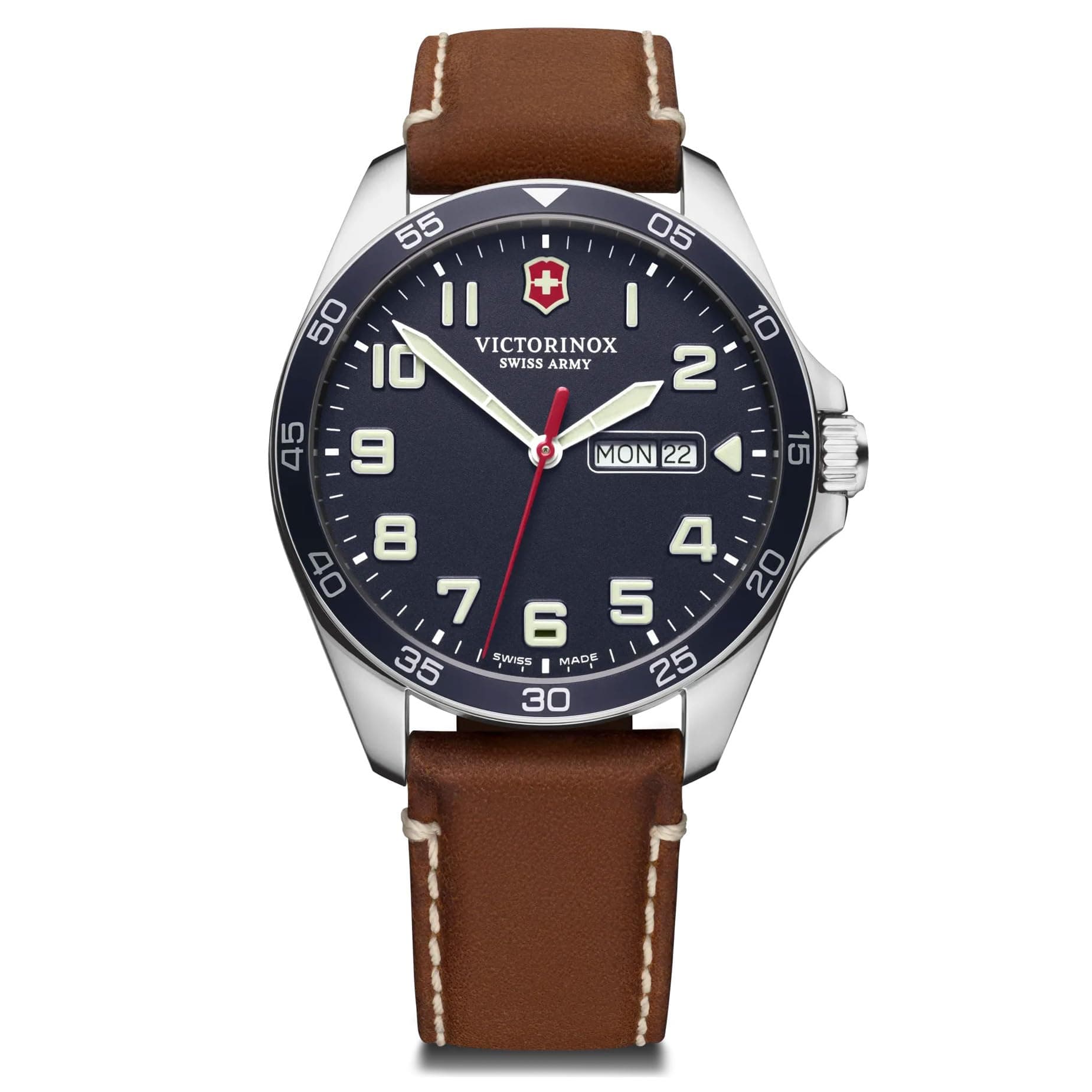 VICTORINOX FIELDFORCE Stainless Steel Case Blue Brown Leather Gift Item 241848 Watch, (316L), Dial, Strap, blue