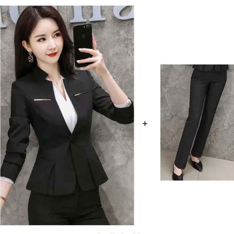 2Pcs Professional Blazer Suit Women's Long Sleeve Suit Spring and Autumn New Temperament Sales Suit Suit Interview Formal Workwear S black