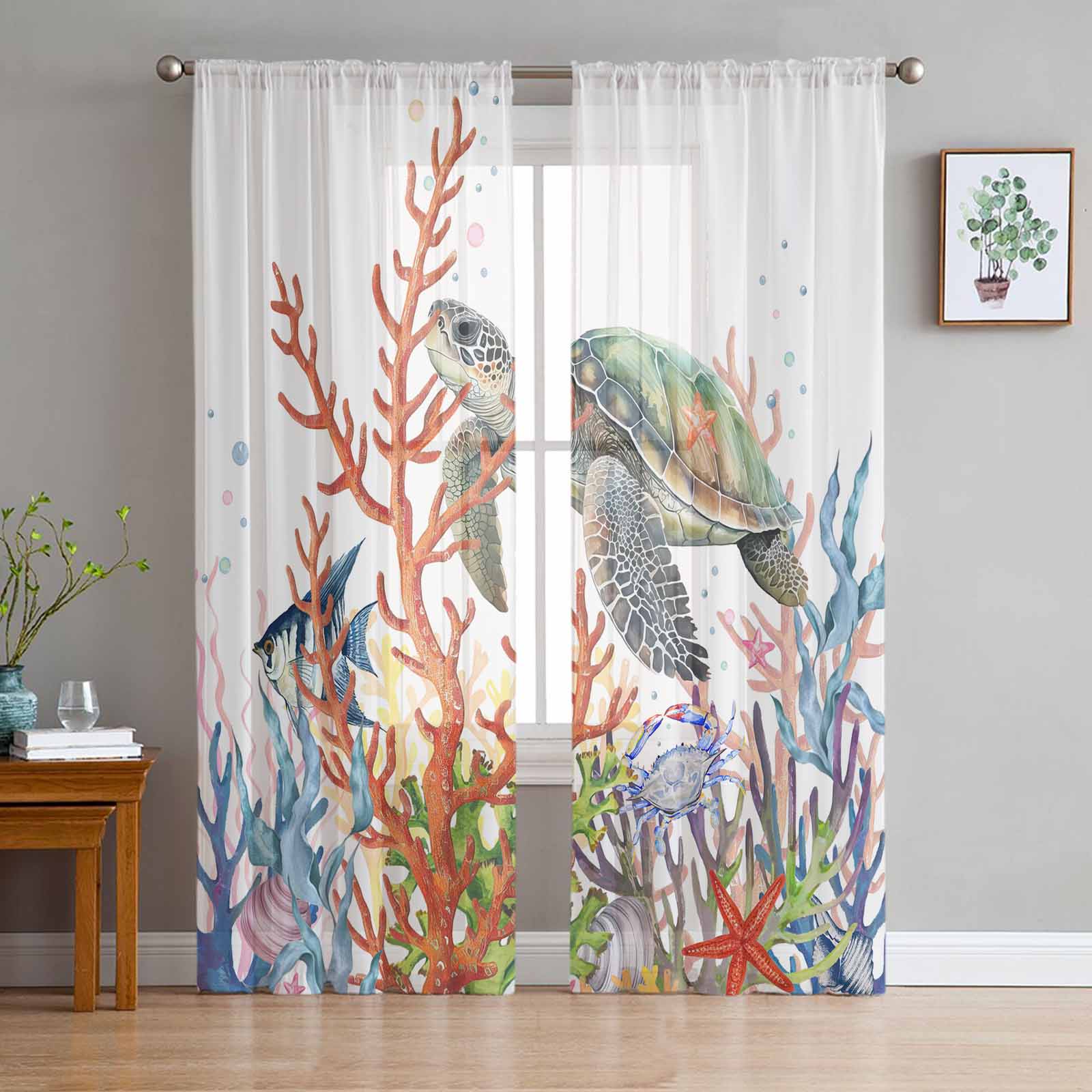 Turtle Coral Fish Starfish Crab Tulle Window Curtains for Bedroom Luxury Home Decor Drapes in Living Room Chiffon Panels 135W x 114H(cm)