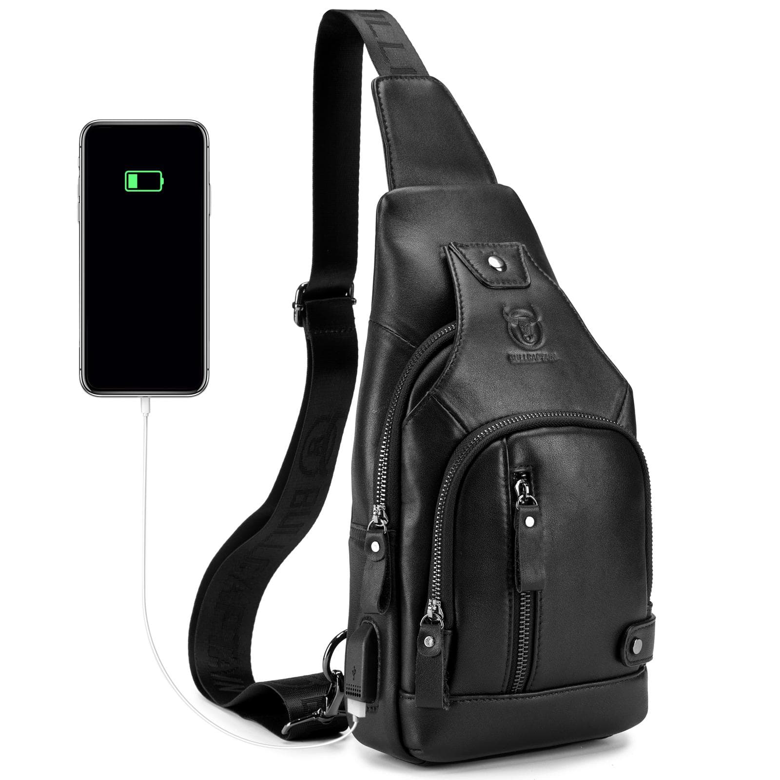Men Leather Sling Bag Casual Shoulder Chest Crossbody Bag Hiking Travel Daypack with USB Charging black