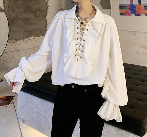 Unisex Retro Long-Sleeve Shirt with Cuffs, Collar, Ruffles, and Drawstring - European & American Style, Celebrity-Inspired Trendy Palace Design Large white