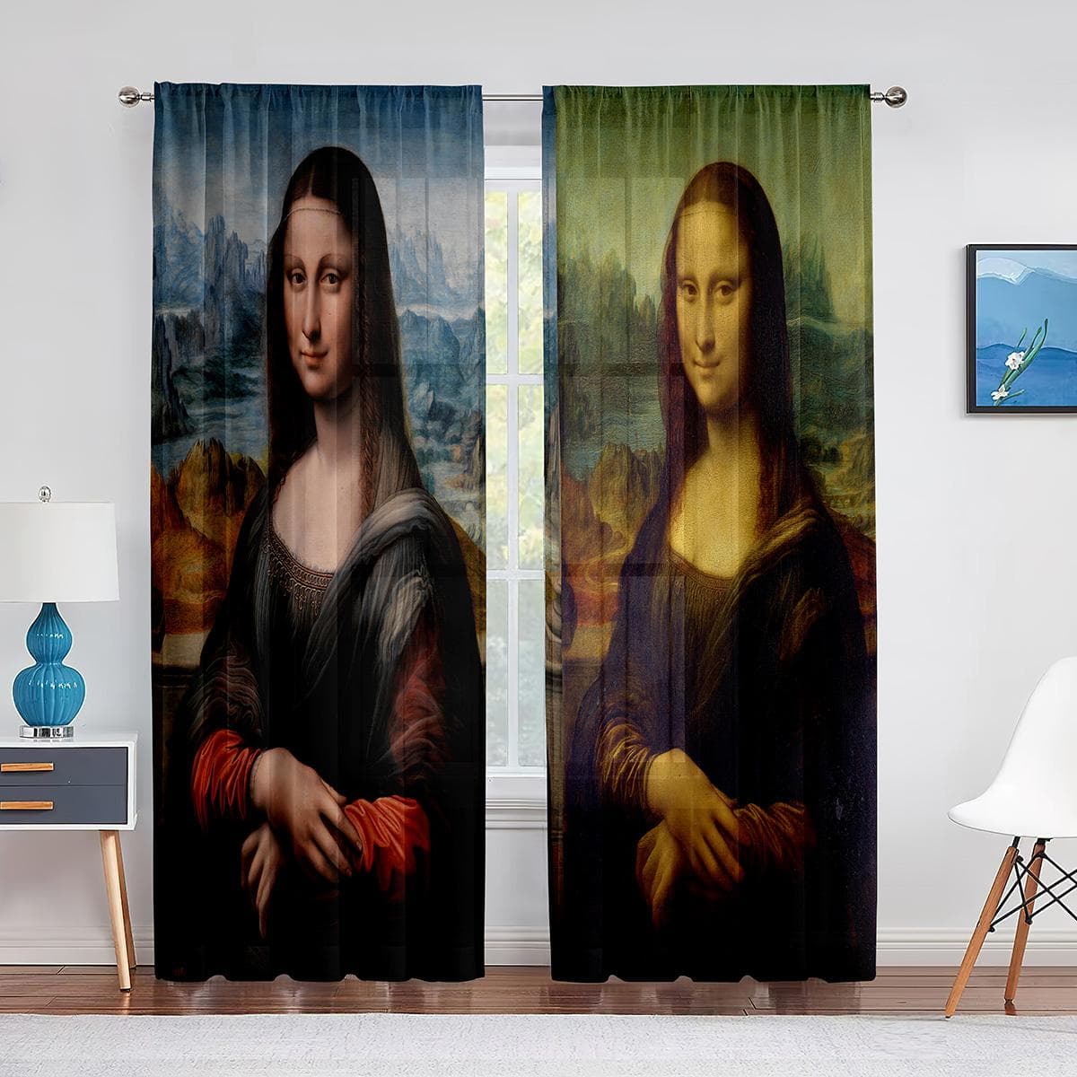 Mona Lisa and Funny Kittens Painting Tulle Curtain for Bedroom Window Curtain Luxury Cafe Hotel Decor Living Room Sheer Drape 1 PCS W400XH250cm&Rod Pocket