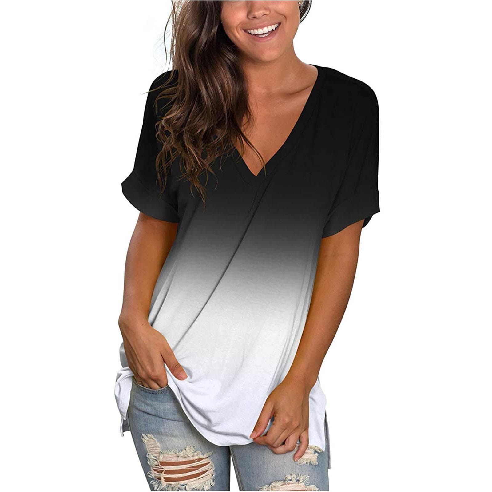 V-neck T-shirt Women's Summer Casual Oversized Print Shirt Top Loose Female Fashion Tee Gradient Clothes Y2k Short Oversized Tee 4XL