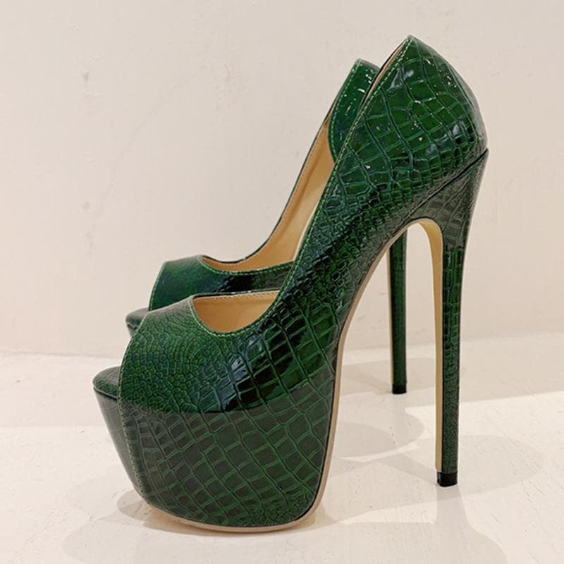 Liyke  New Green Snake Print Leather Platform Pumps Women Sexy Slingback Peep Toe Extreme High Heels Strip Pole Dance Shoes 35 green