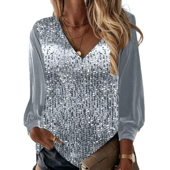 Fall Spring Women Top Shiny Sequin V Neck Long Sleeve Patchwork Loose Pullover Soft Breathable Mid Length Lady Commute Shirt Blouse XL silver