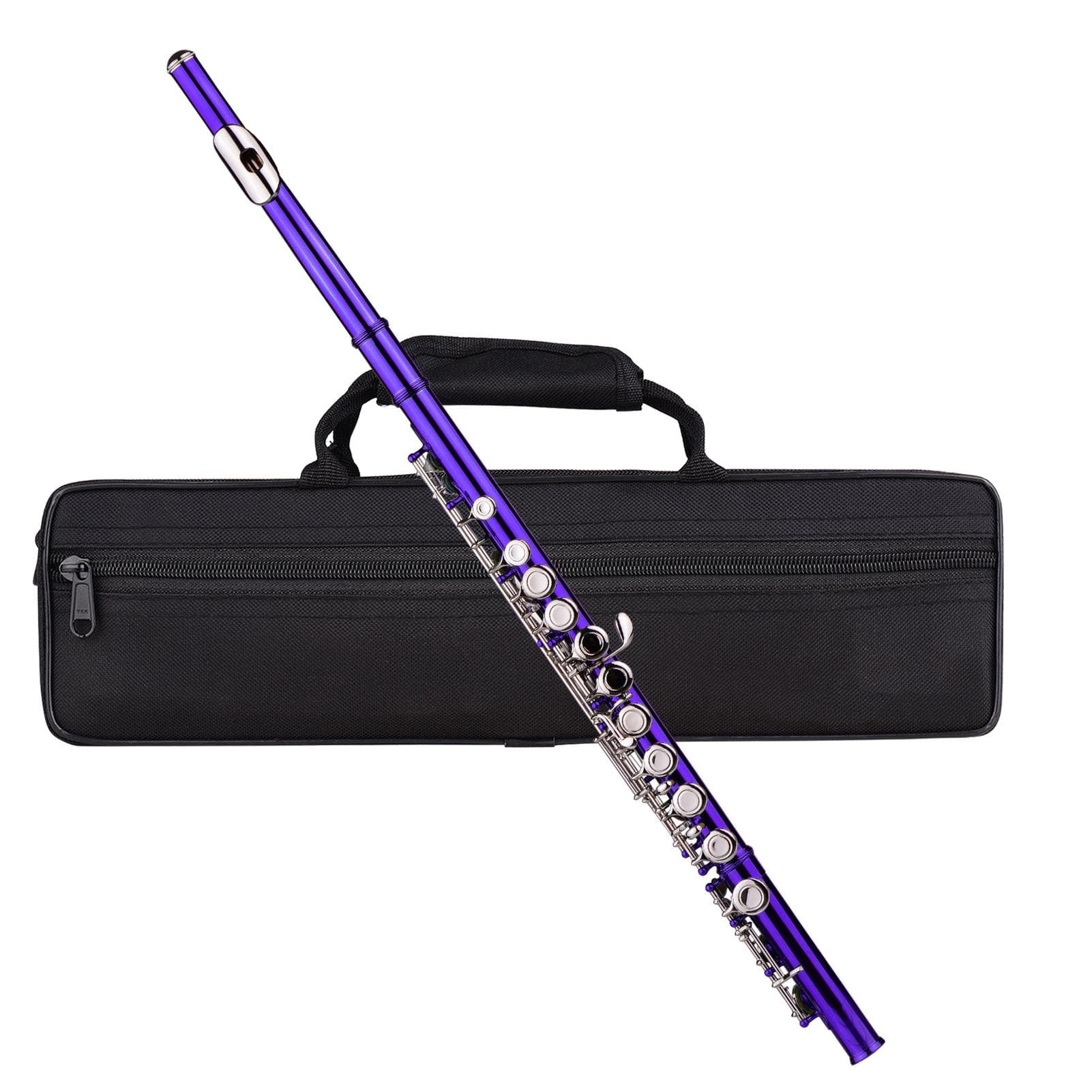 Closed Hole C Flute 16 Keys Cupronickel Nickelplated Wind Instrument with Carry Case Flute Stand Gloves Cleaning Cloth Mini Screwdriver Cleaning Rod purple