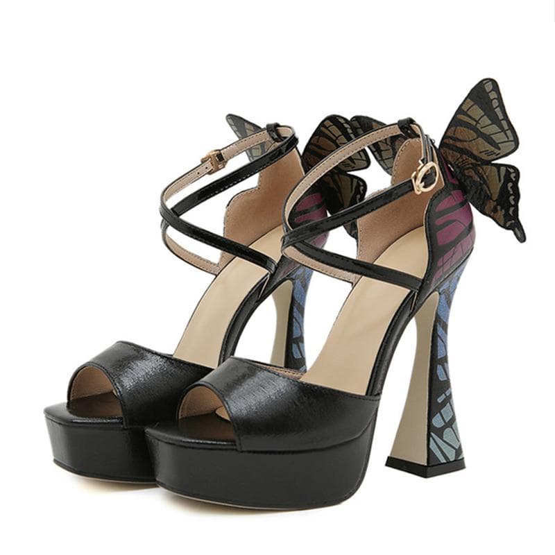 Liyke Summer 13.5CM Super High Heels Platform Sandals Women Fashion Big Butterfly Cover Strap Peep Toe Wedding Banquet Shoes 35 black