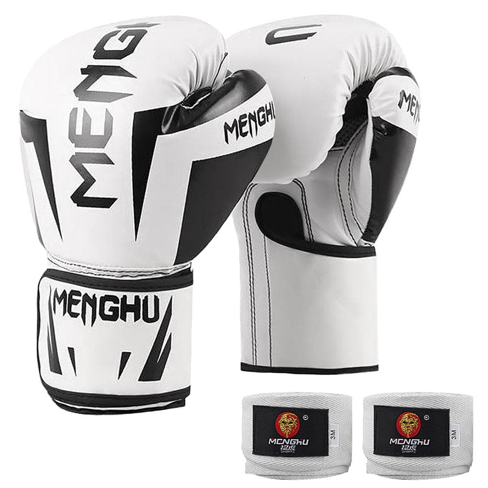 Boxing Gloves with Wrist Support Straps Kick Boxing Muay Thai Punching Training Bag Gloves white