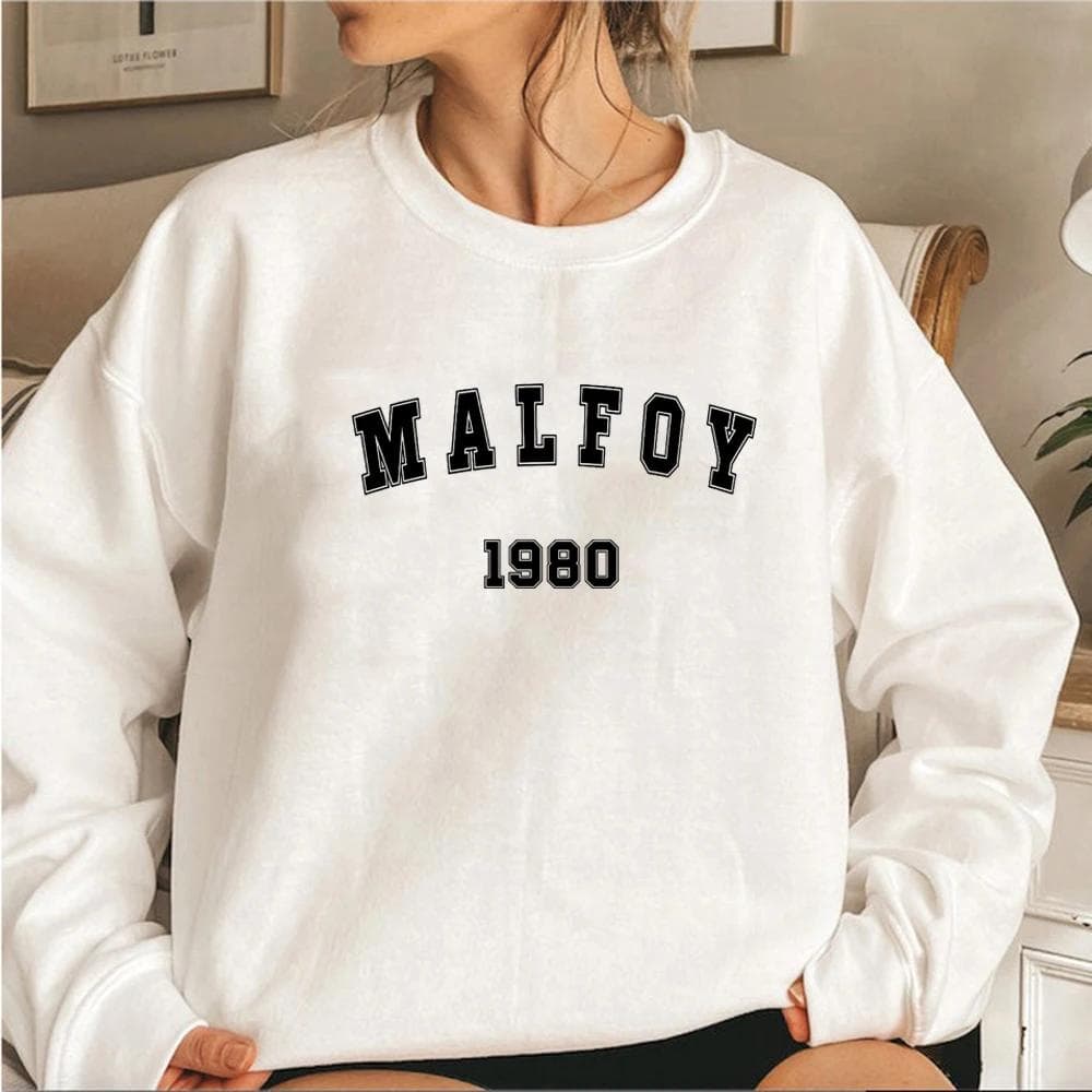 Malfoy 1980 Crewneck Sweatshirt Draco Malfoy Sweatshirt Graphic Hoodies Women Short Sleeve Sweatshirts Streetwear Pullover XL white