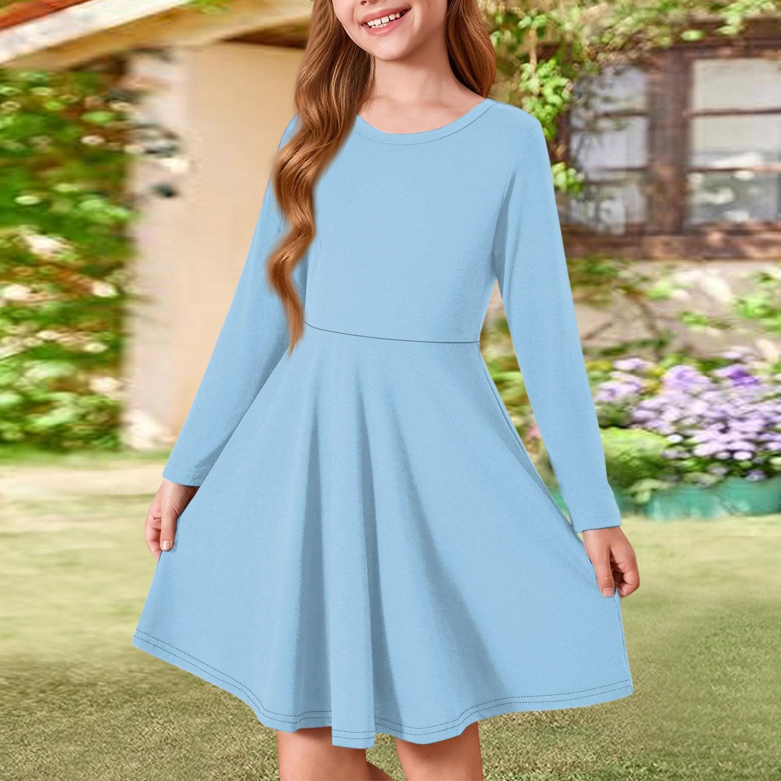 Girls' Summer Princess Dress - Long Sleeve A-Line T-Shirt Dress 120 light blue