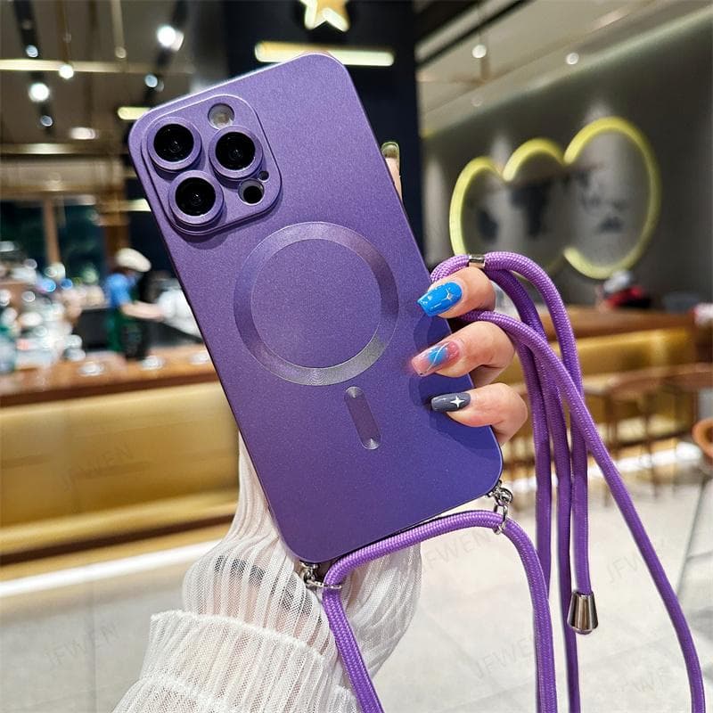 Crossbody Strap Lanyard Magnetic Case For iPhone 14 13 11 12 Pro Max Plus XS X XR 7 8 Plus SE 2020 For Magsafe Silicone Soft Back Cover For iphone 13 purple
