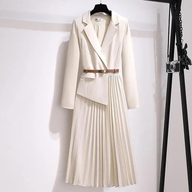 Autumn French Fake Two-piece Suit Dress Feminine Temperament Mid-length Pleated Skirt Ladies Elegant Long-sleeved Slim Skirt S beige