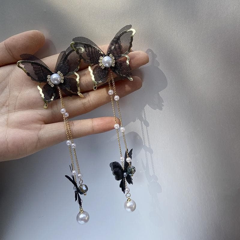 Black Lace Gauze For Women Butterfly Fashion Design Long Sweet Butterfly Pearl Tassel Earrings Jewelry Party Gifts black