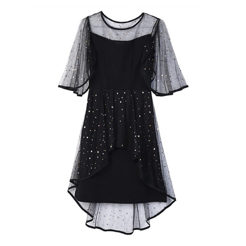 Women Evening Dress Mesh Patchwork Irregular Round Neck Star Sequin Double-layered Ruffle Short Sleeves Prom Party Mini Dresses M black