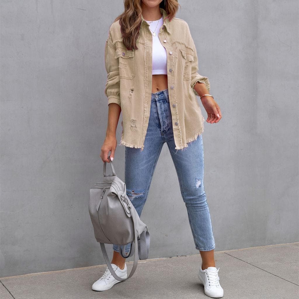 Women's Fashion Ripped Denim Women's Autumn and Winter Long-sleeved Casual Lapel Top Jacket L