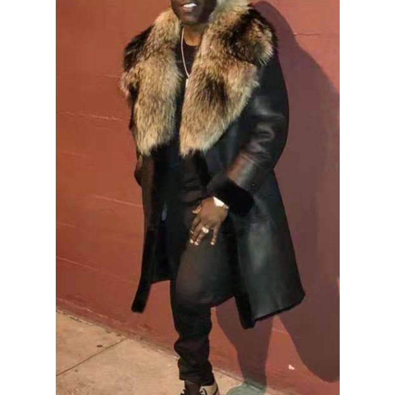 PU Fur One-piece Long Coat Khaki Crystal Fox Fur Large Fur Collar Men's Clothing S black
