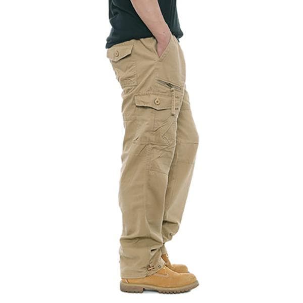 Cotton Overalls Men's Casual Pants Elastic Waist Large Size Multi-pocket Loose Trousers Construction Site Pants M khaki