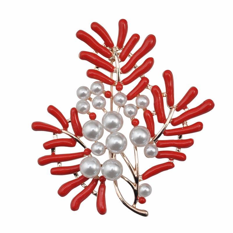 Fashion Women Red Enamel Pearl Maple Coral Brooches Costume Lapel Jewelry Gift