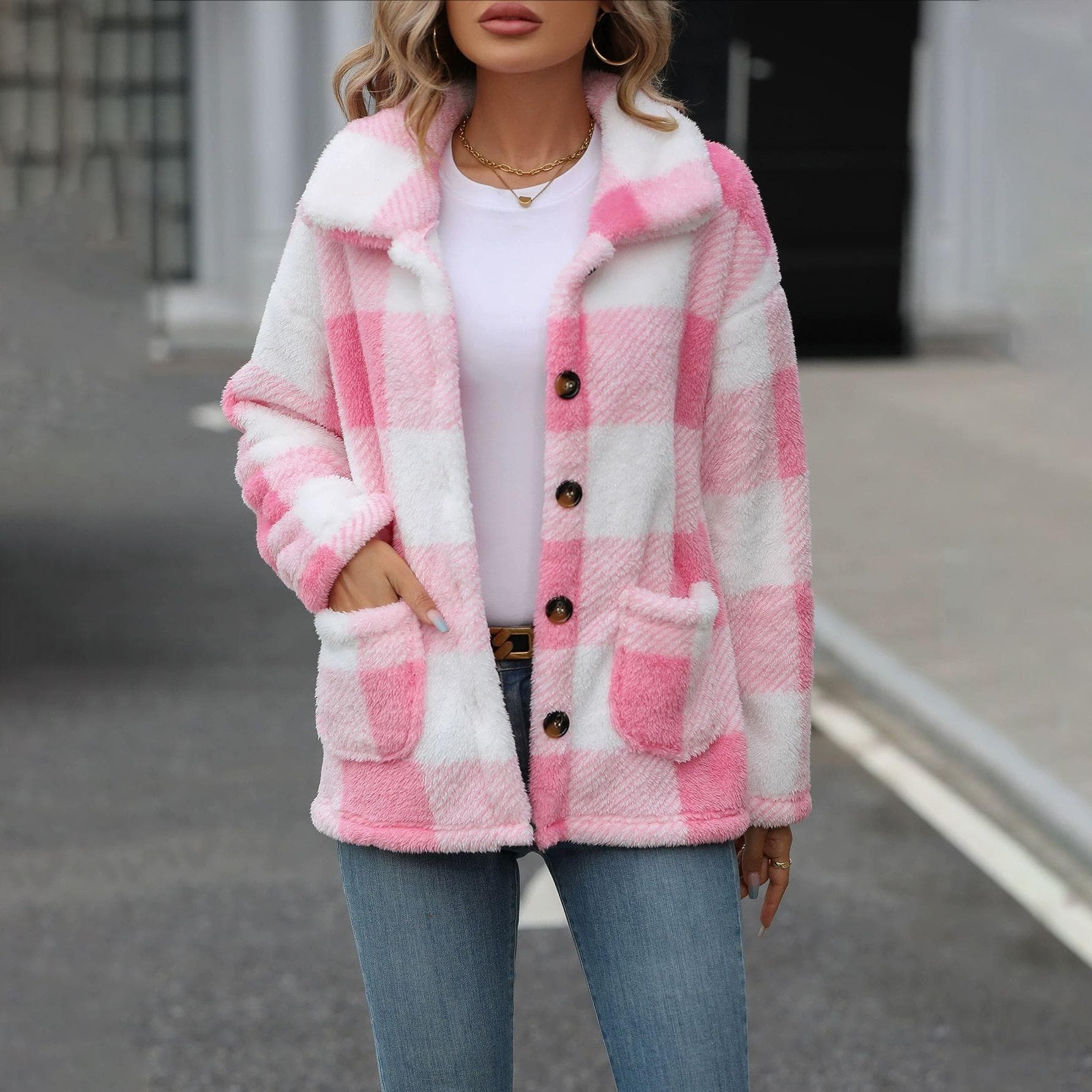 Fall and winter women's lapel long-sleeved medium-length plaid single-breasted double-sided velvet casual jacket 2XL pink