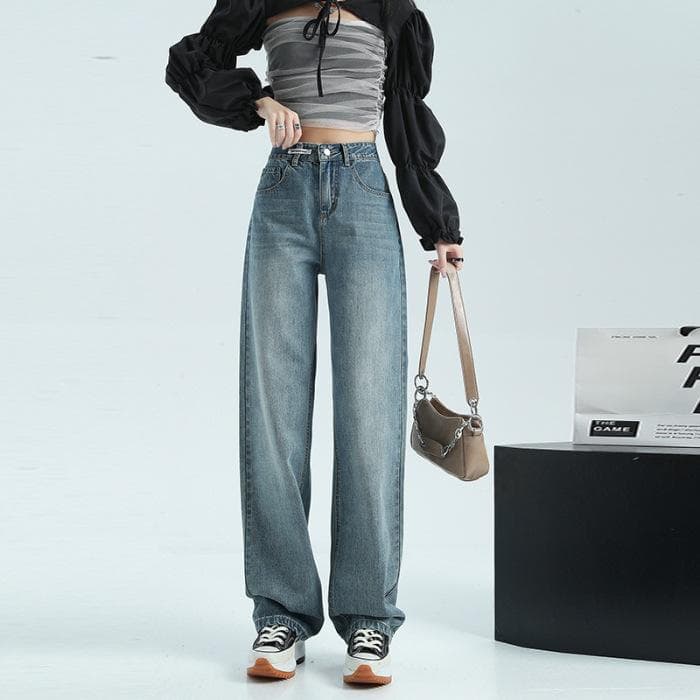 Women's Autumn and Winter Loose High Waist Wide-leg Pants for Women's Autumn and Winter Straight-leg Fur Trousers Retro Blue Floor 2XL
