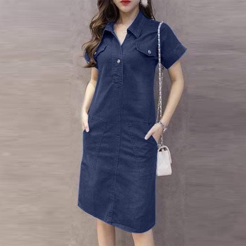 ZANZEA Women Casual Turn Down Collar Blue Denim Short Sleeve Dress 2XL