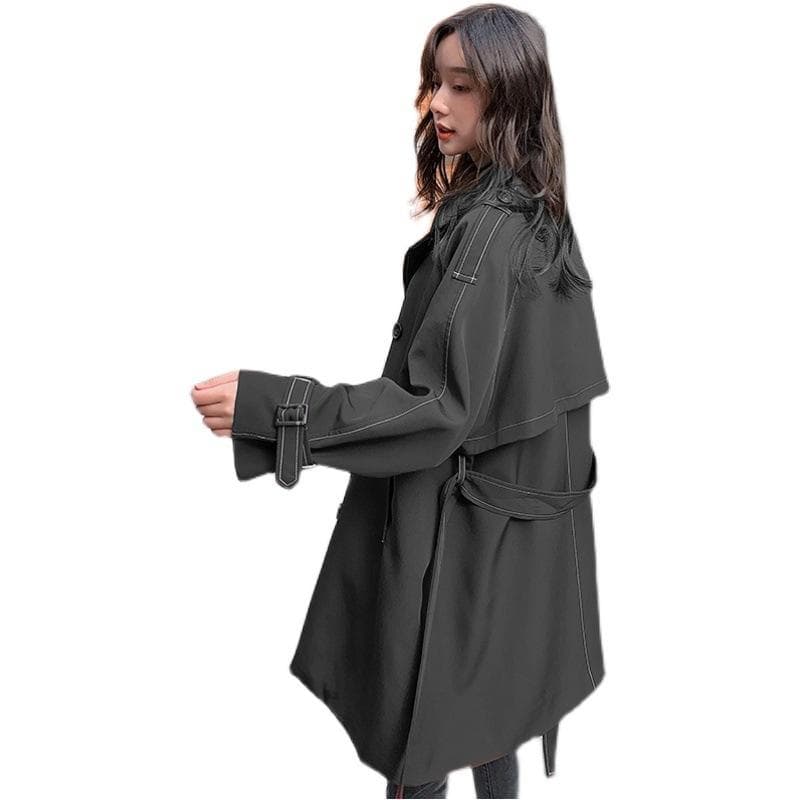 New Spring and Autumn Women's Clothing Small Medium-Length Topstitched Double-Breasted Belt Waist Windbreaker XL