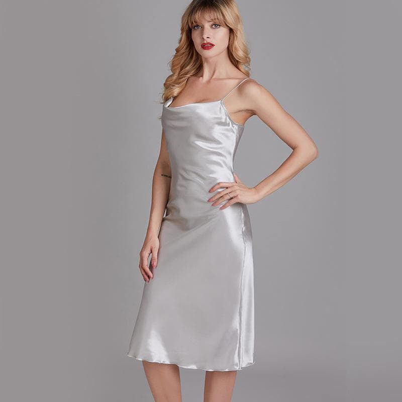 Summer Women Silk Satin Night Dress Sleeveless Nighties V Neck Plus Size Long Nightdress XL light grey