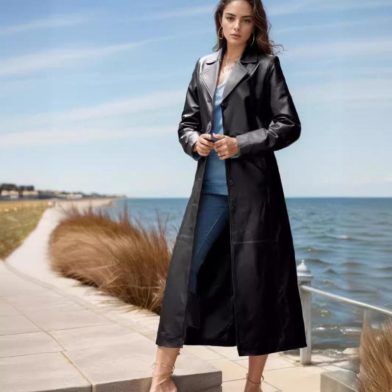 Women's Button Leather Jacket Extended Coat Slim Skinny Large Size Windbreaker 5XL