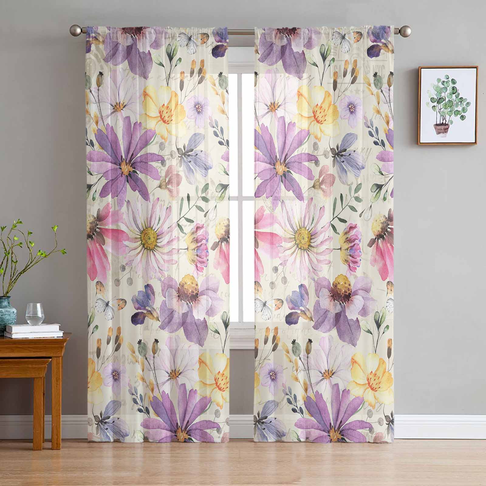 Summer Pastoral Breeze With Plant Leaves Window Tulle Curtains for Living Room Bedroom Hotel Luxury Decoration Sheer Curtains 135W x 114H(cm)