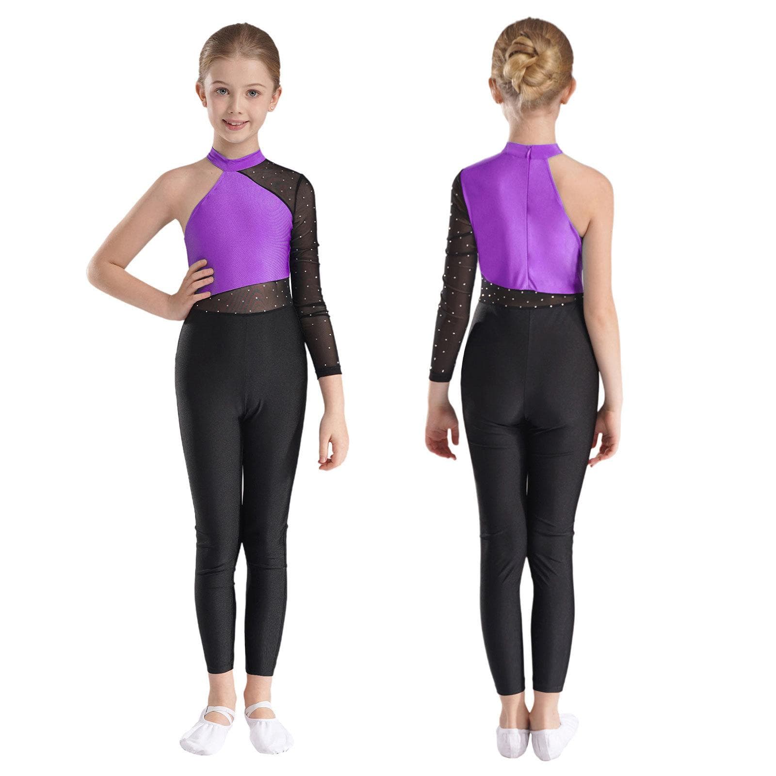 Girls One Mesh Sleeve Full Body Cover Jumpsuits Gymnastics Ballet Modern Dance Uniform Unitard Ice Skating Competition Costume 5-6 Years purple