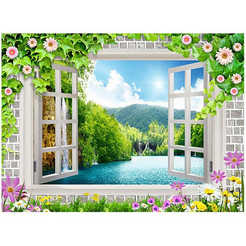5D Diy Full Round Drill Diamond Painting Scenery Flower Outside Window Cross Stitch Wedding Decor 20X30CM
